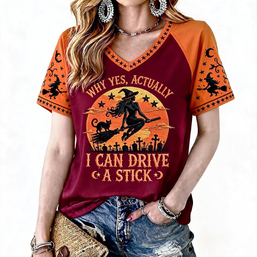 Women's Halloween Printed Raglan Short Sleeve T-Shirt