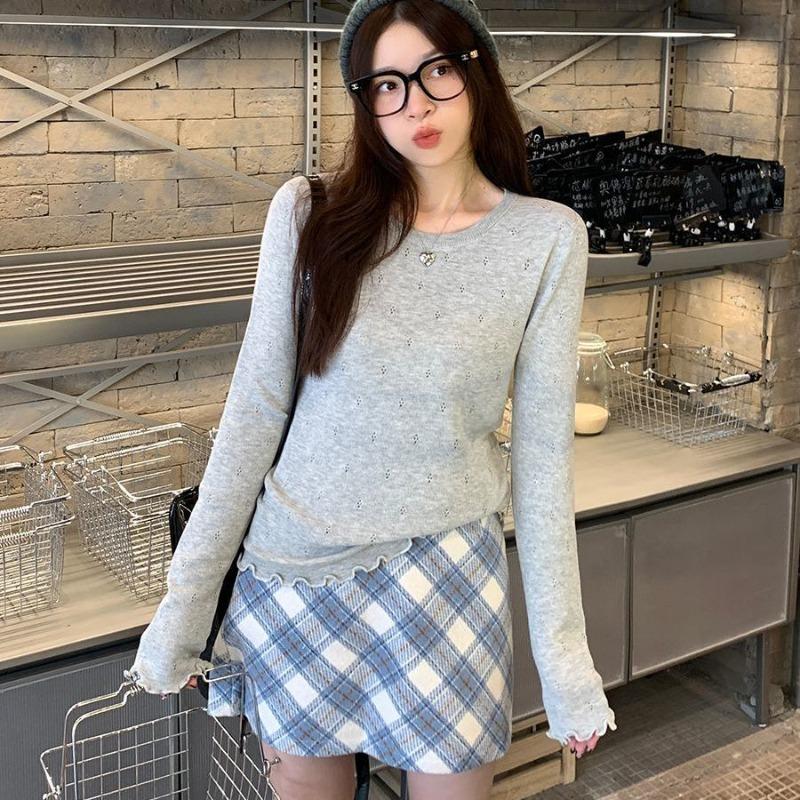 Solid color bottoming shirt women's design sense fungus edge thin inside knitted sweater top