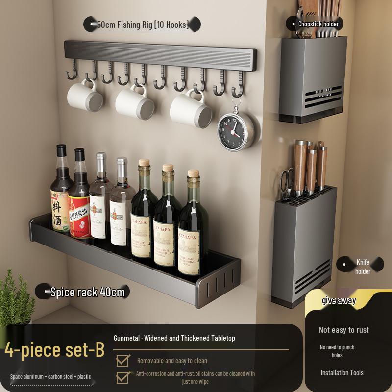 Gunmetal Gray Wall-Mounted No-Drill Kitchen Rack for Knives, Seasonings, and Cutting Boards
