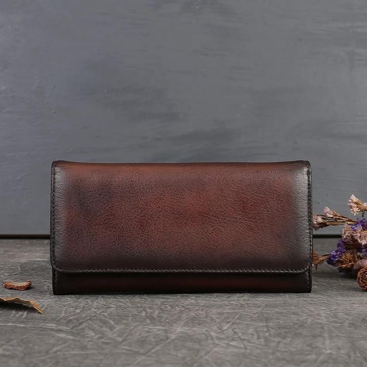 Johnature Retro Genuine Leather Women's Wallet Long Hand Bag Natural Cowhide Solid Color Phone Purse Card Holder