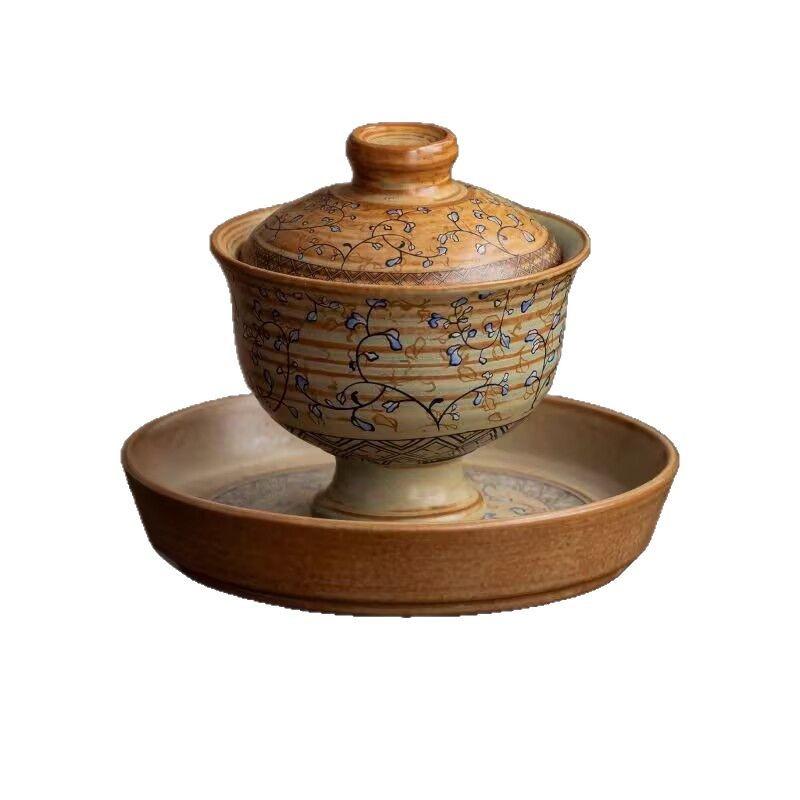 Ancient Pottery Twisted Lotus Cover Bowl Teacup Single Household Ceramic Retro Two Or Three Tea Bowl High-End Light Luxury Chinese Style