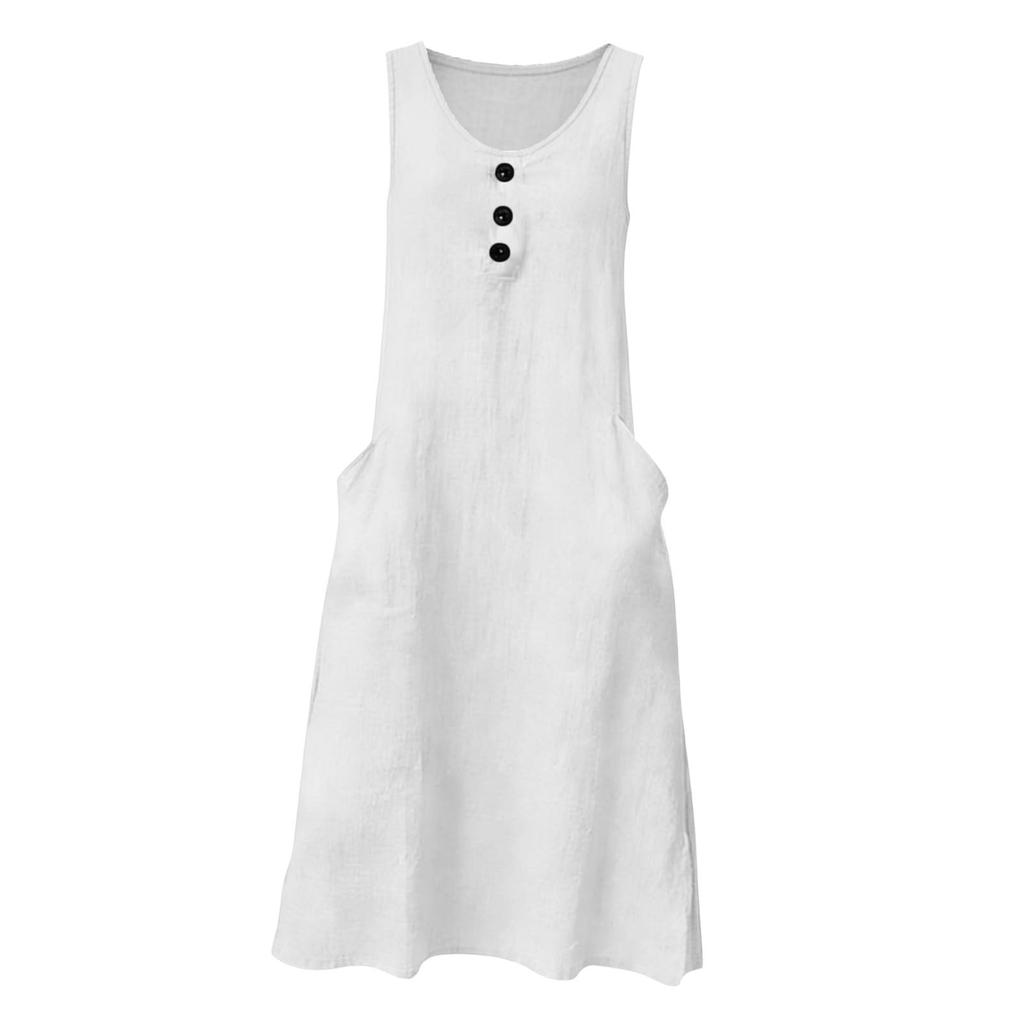 Ärmelloses Freizeitkleid mit Rundhalsausschnitt und Knopfleiste Vordertaschen Midi-Länge Lockerer Schnitt Sommerkleid für Damen