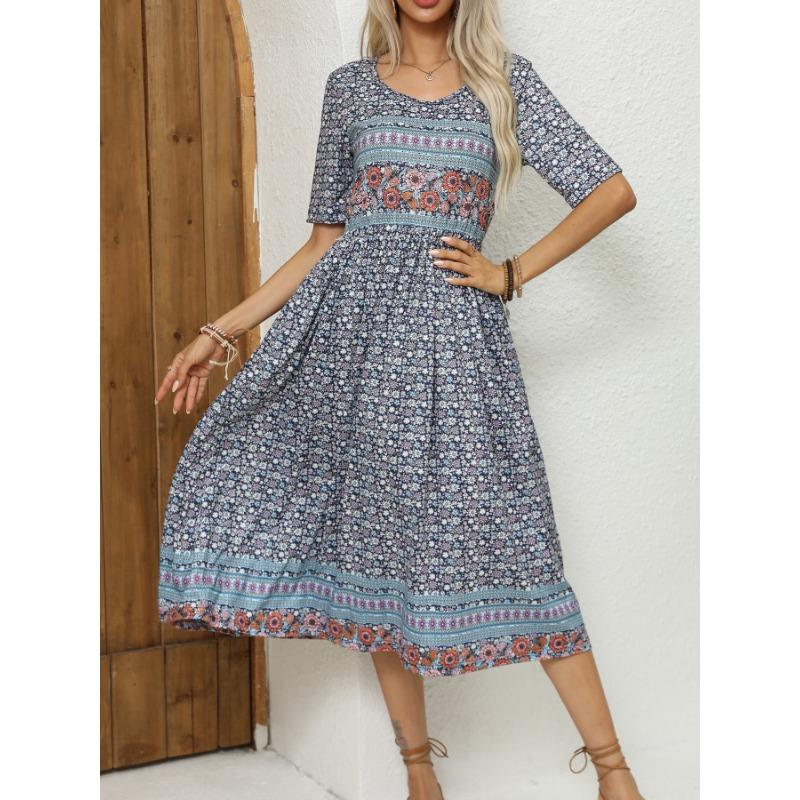 2024 Europe and America autumn ladies round neck short sleeve long skirt Bohemian print dress woman