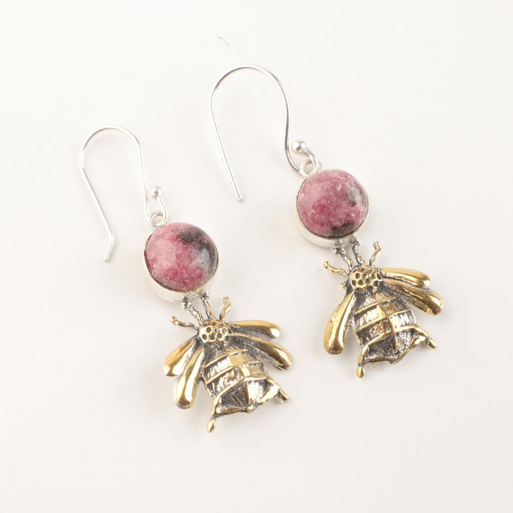 Natürlicher schwarzer Rhodonit Edelstein 925 Sterlingsilber Handgefertigte Hängeohrringe 2" EE-154-33