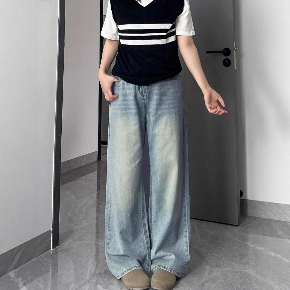 Big Yards Straight Light Blue Jeans Women's Spring High-waisted Loose Drag Ground Hundreds of Matching Thin Drapey Broad-legged Trousers Denim Pants