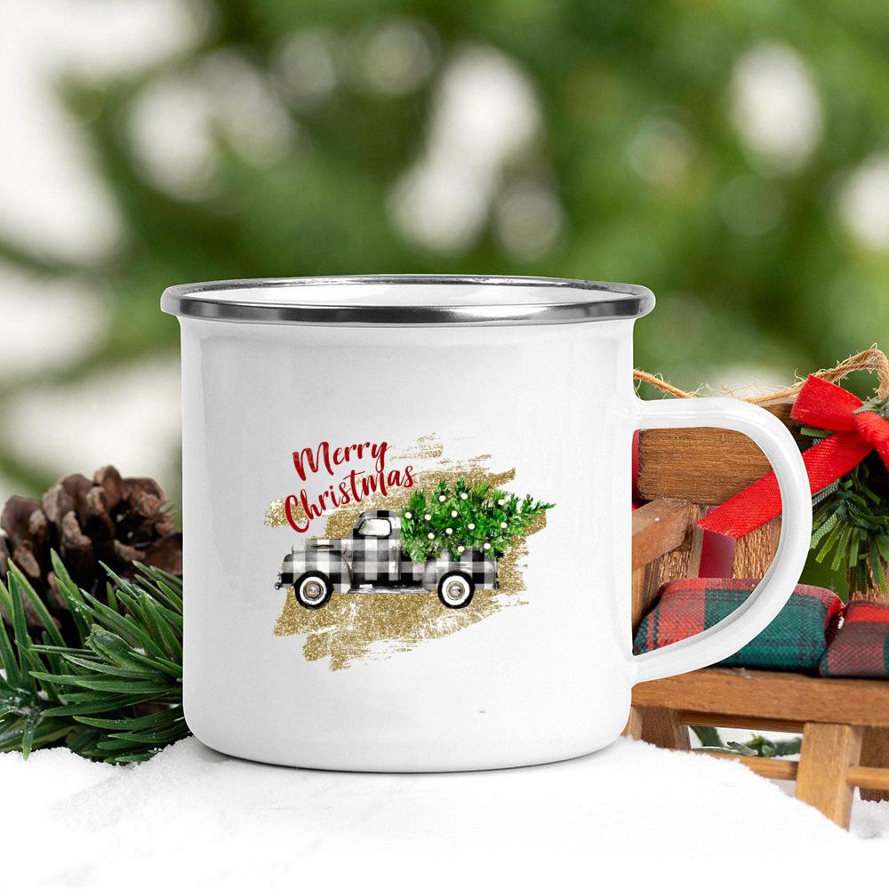 Christmas Tree Deer Truck Print Enamel Mugs Coffee Cups Christmas Party Dessert Hot Cocoa Chocolate Cup Gifts for Friends Family