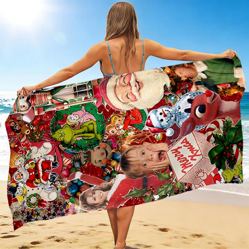 1Pc Christmas Joyful Celebration Beach Towel, Quick Dry, Multi-Use for Beach Pool Gym Yoga Home Travel, Christmas, Halloween, Xmas Gift S612