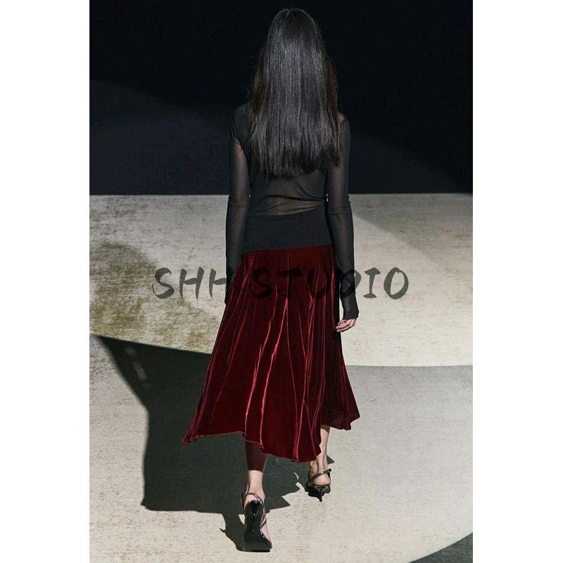 Spring New Women's Clothing Wave Swing Slimming Elegant Velvet High Waist Midi Skirt Skirt 0072158