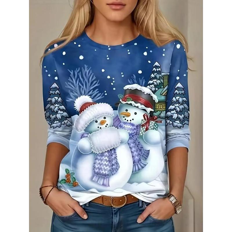 Christmas Women's T Shirt Graphic Christmas Tree Snowflake Vintage Fashion Stylish Long Sleeve Crew Neck Regular Tops Daily Weekend Print