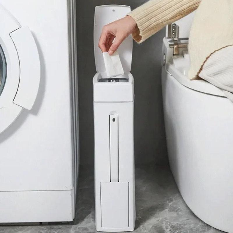 Ultra thin trash can suitable for narrow spaces, equipped with cleaning supplies, lid, and toilet brush - perfect for bathrooms