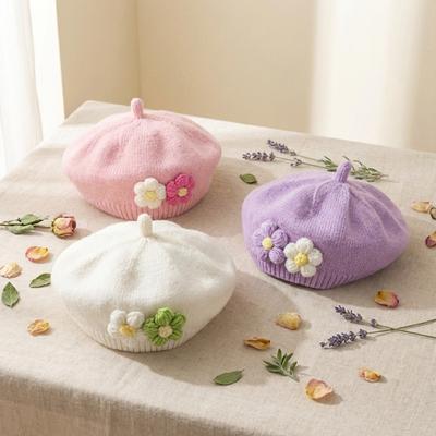 Infant Flower-Decorated Adorable Beret Knit Hat