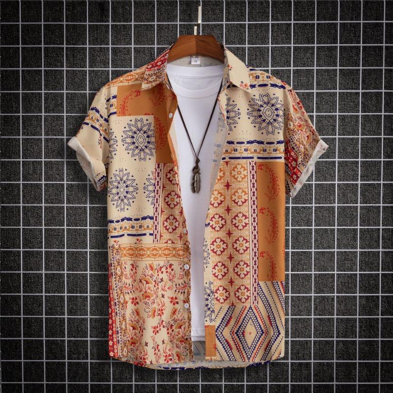 Hawaiian Shirt Men Fashion Flower Geometric Printed Blouse Single-breasted Beach Short SleeveTops Men's Holiday Clothing