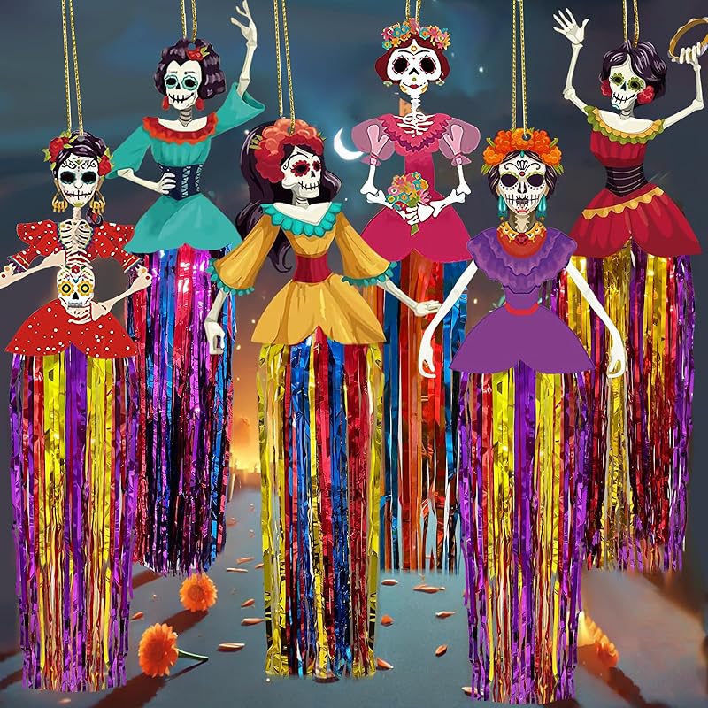 6 PCS Day of The Dead Sugar Skull Hanging Decorations, Dia De Los Muertos Decorations Mexican Fiesta Halloween Party Supplies for Ofrenda Altar Home