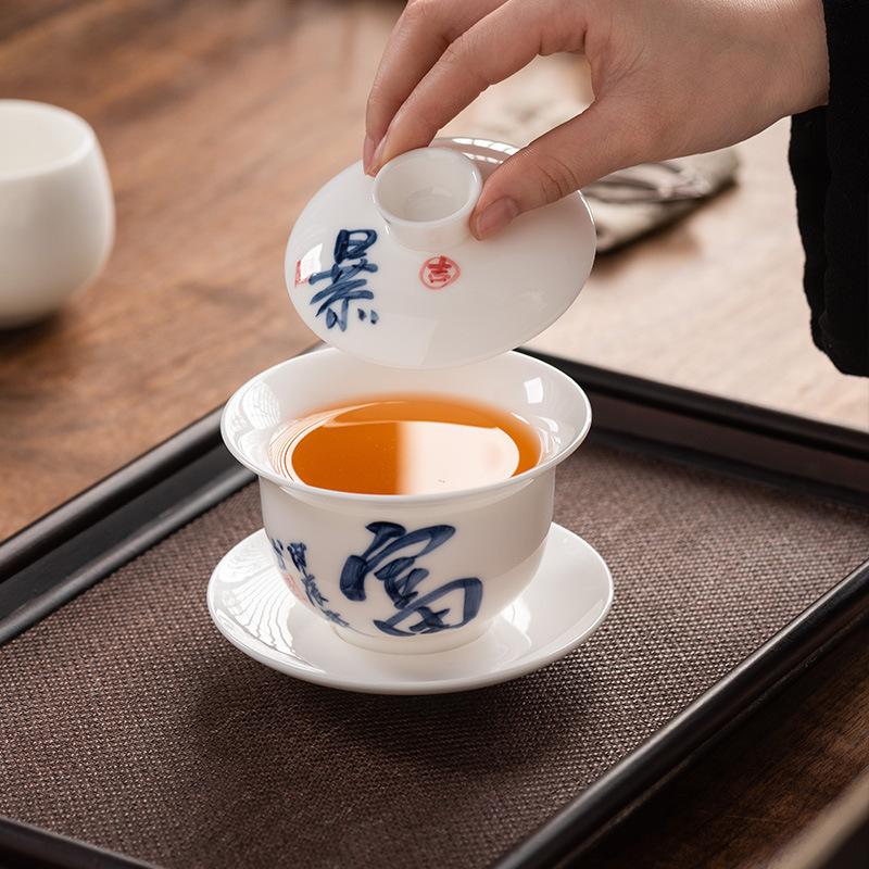 Hand-painted Suet Jade Porcelain Three Talents Cover Bowl Teacup Kung Fu Tea Set Tea Bowl Modern Creative Large-capacity Gifts