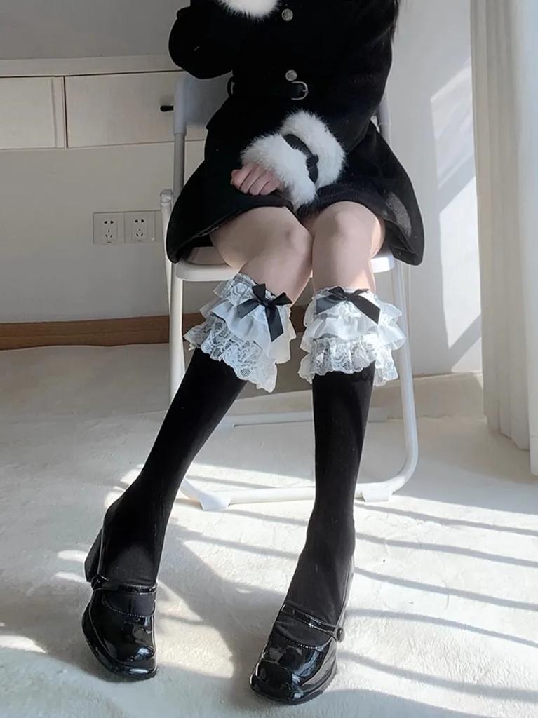Lolita Lace JK Stockings Summer Bow Knot Gothic Japanese Style Long Stockings Uniform Knee Socks Y2k Girl Cute Ruffle Long Socks
