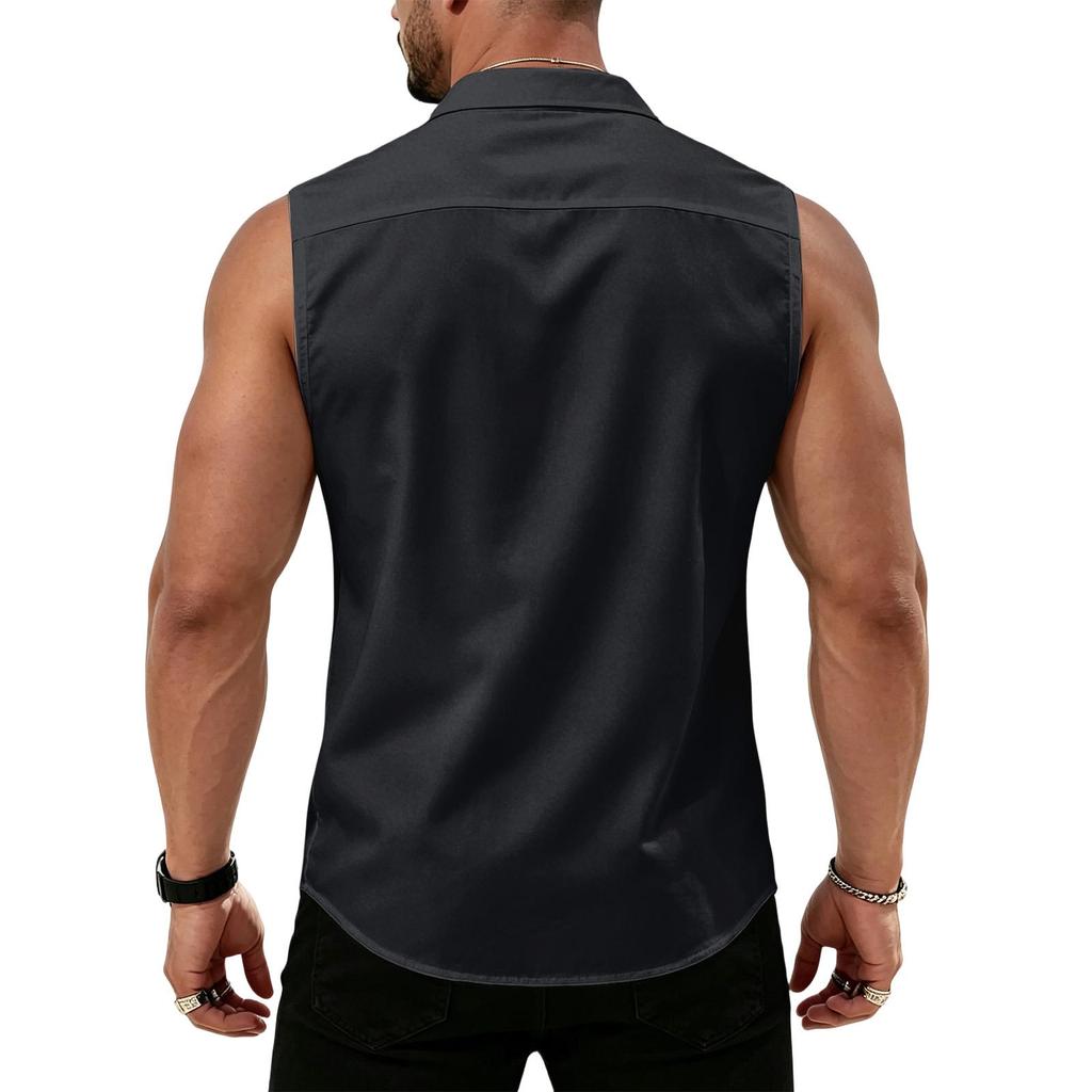 Chemise sans manches légère à revers et boutons pour homme, idéale pour le travail.