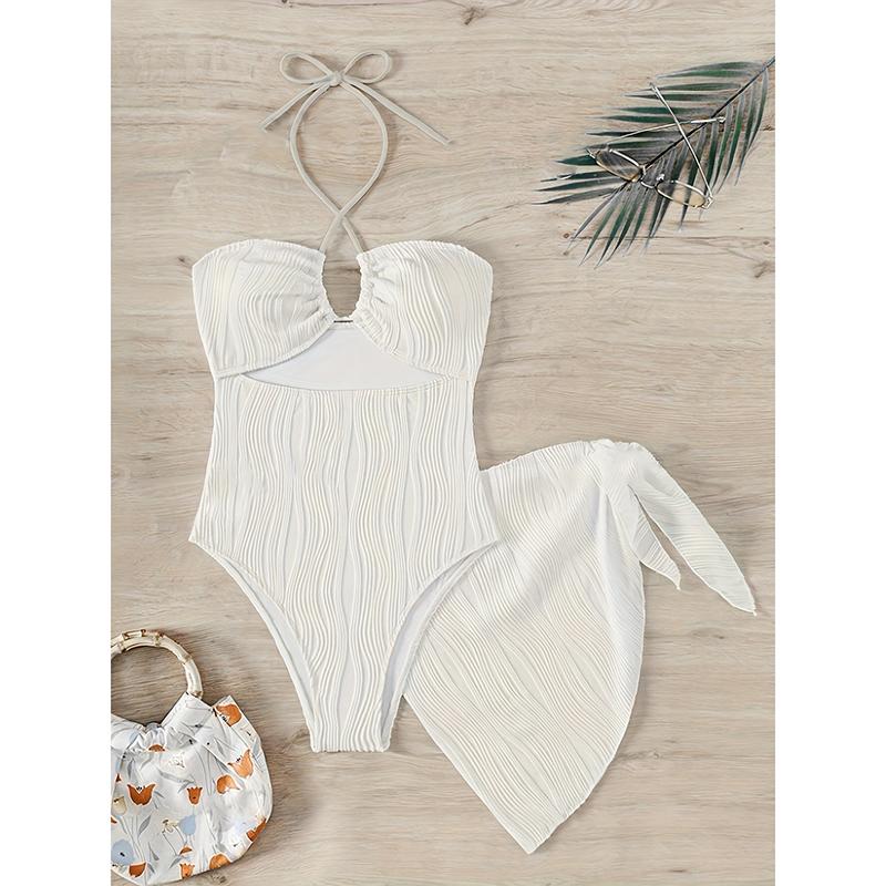 

Сексуальный сплошной полосатый купальник-платье, комплект из 2 предметов, женский купальник с высокой талией и разрезом, открытой спиной, на шнуровке, новый летний комплект бикини XL белый