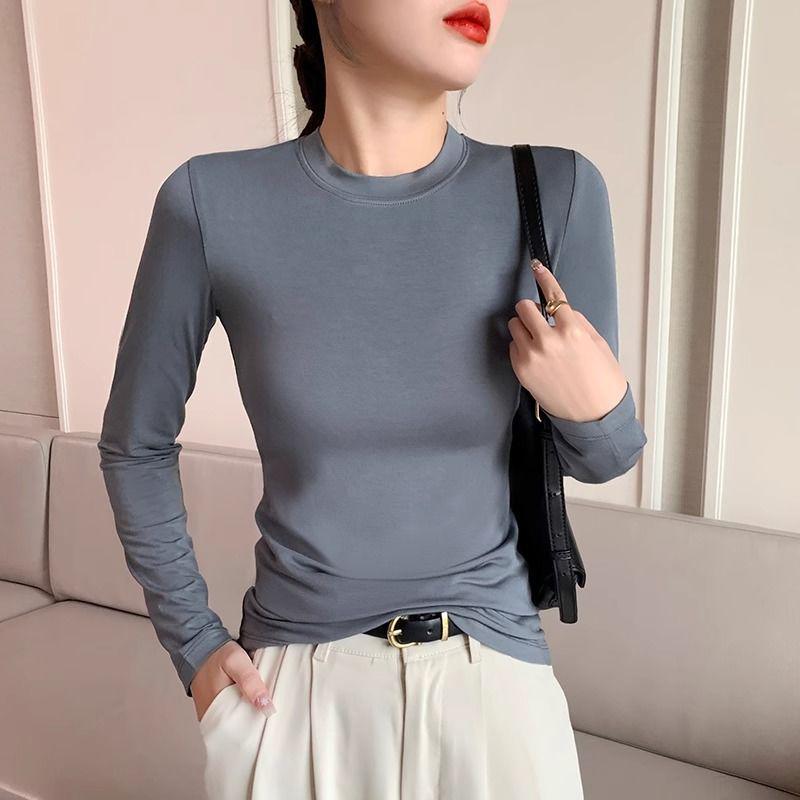 Women's Black Modal Crew Neck Long Sleeve Base Layer Top - Slim Fit, Low Neck Design for 2025 Autumn/Winter