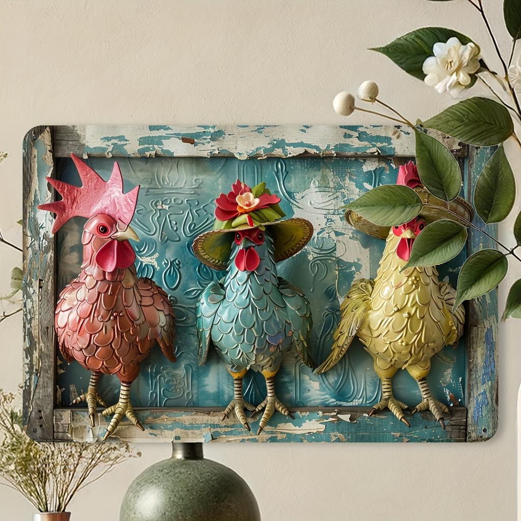 Rustic Farmhouse Vintage Metal Chicken Tin Sign, Decorative Wall Art for Home and Garage, Indoor Outdoor Hanging Decor