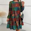 Woemn Dress Patchwork Colorful Print Long Sleeve Bohe Round Neck Loose A-line Ruffle Big Swing Soft Pullover Above Knee Length Mini Dress