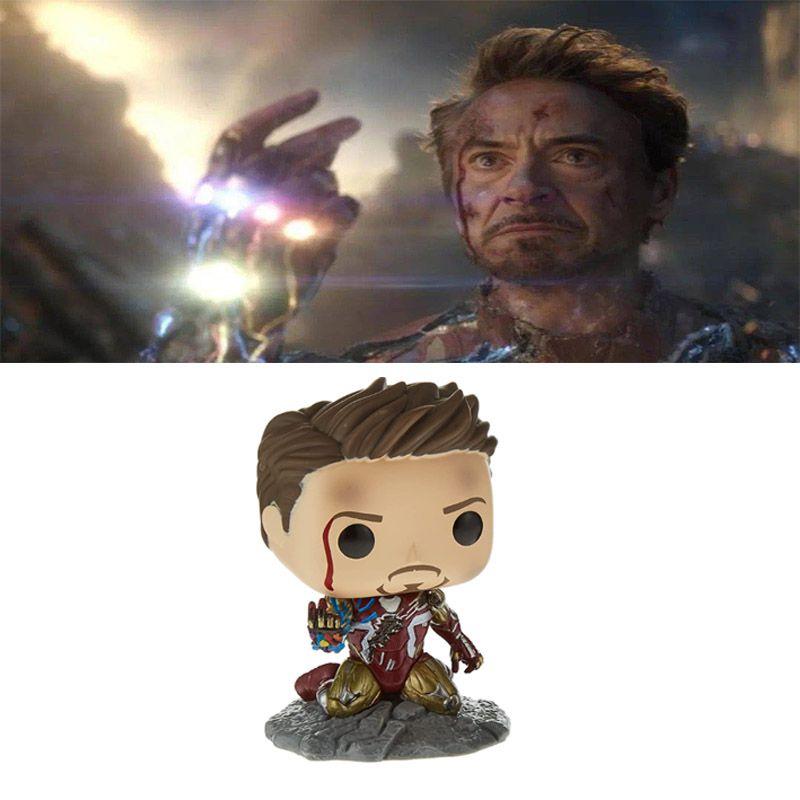 Pop Avengers Endgame Ich bin Iron Man Leuchtet im Dunkeln Vinyl-Figur Spielzeug Tony Epische Momente des kampfgezeichneten Tony Stark Auf modellierter Geländebasis
