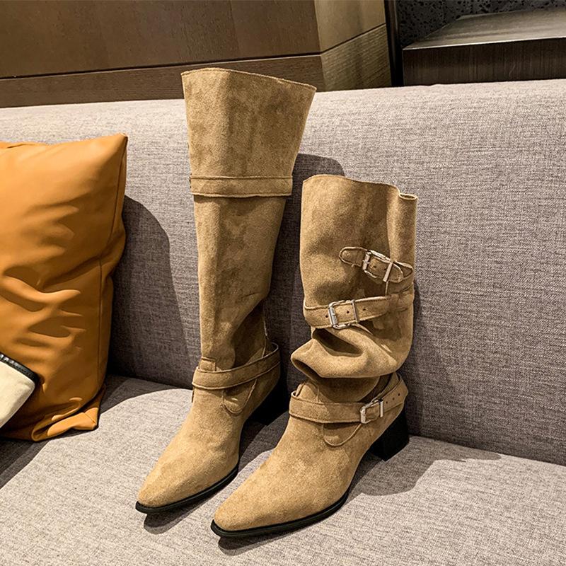 Western cowboy boots women's 2025 new spring and autumn pointed thick heel pile boots high belt buckle long knight boots