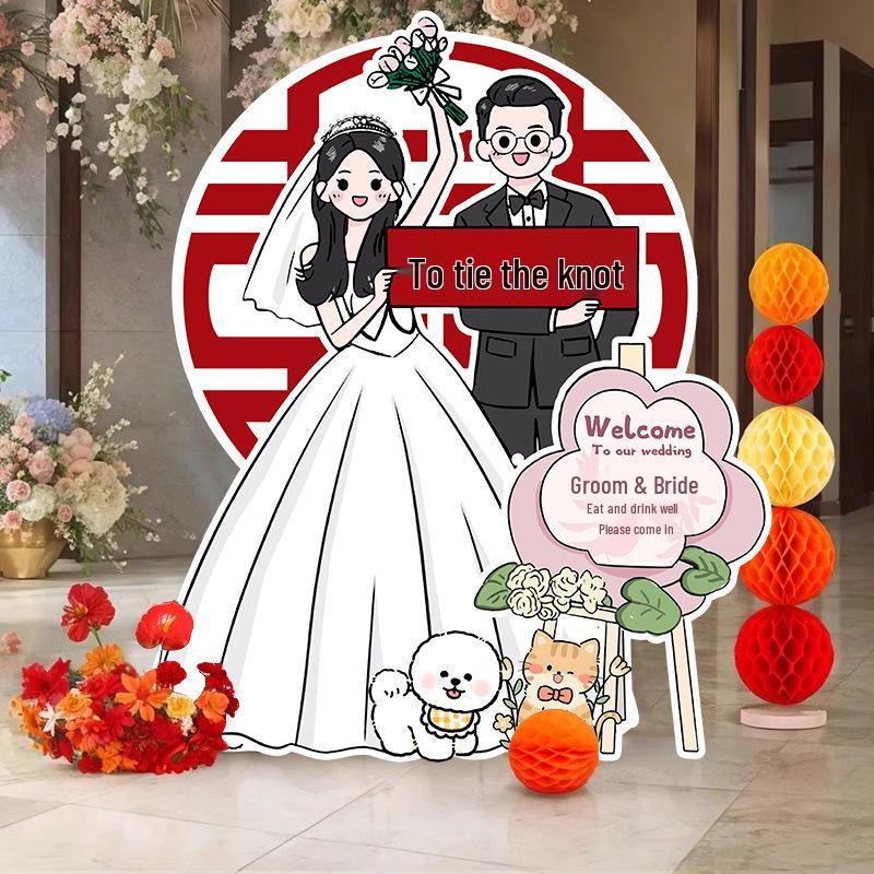 Welcome Sign Wedding Standee: Hand-Painted Cartoon Figure Poster Board for Event Decoration