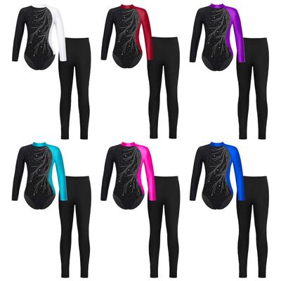 Girls Long Sleeve Mock Neck Leotard Contrast Color Rhinestones Keyhole Back with Leggings