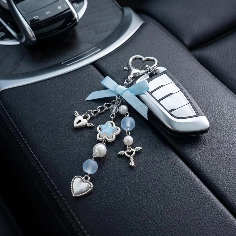 Bowknot Heart Beaded Pendant Star Beaded Lanyard Y2k Heart Keychain  Women Accessories