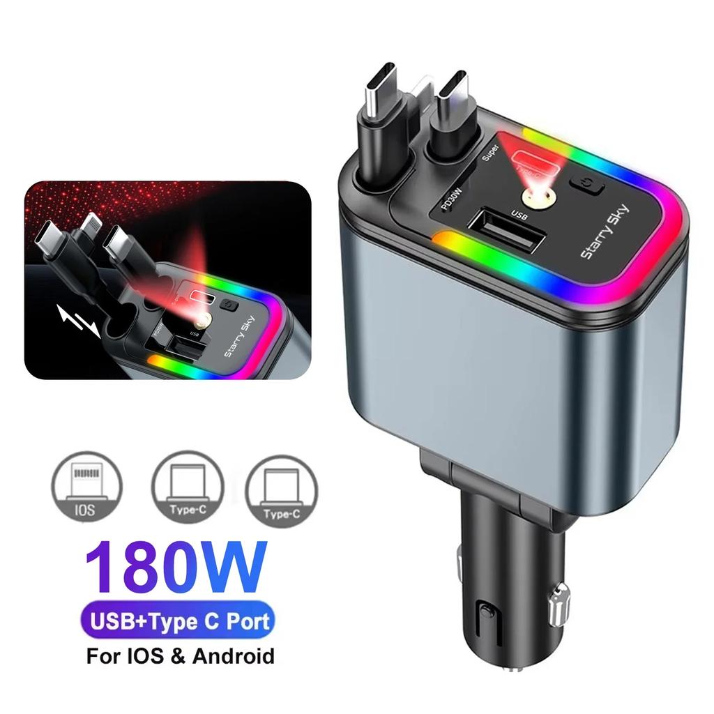 180W Car Fast Charger USB Type-C Power Adapter Retractable Phone Charger With Roof Starlight For IOS Android Phones