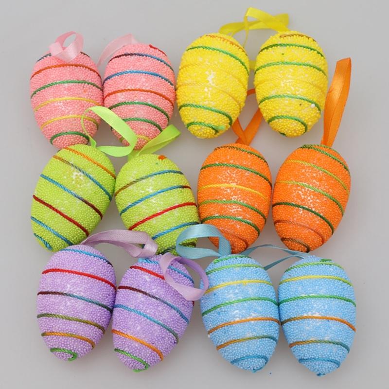 6PCS Set Easter Decorations Ornaments Bright Color Striped Foames Eggs Decorations for Easter Holiday Occasion