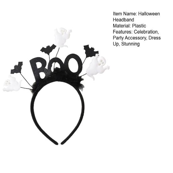 Photo Shoot Hairpiece Halloween Black Bat Headband for Women, Gothic Rose Boo Ghost Theme Party Headwear Hair Accessories Festive, Costume Accessory