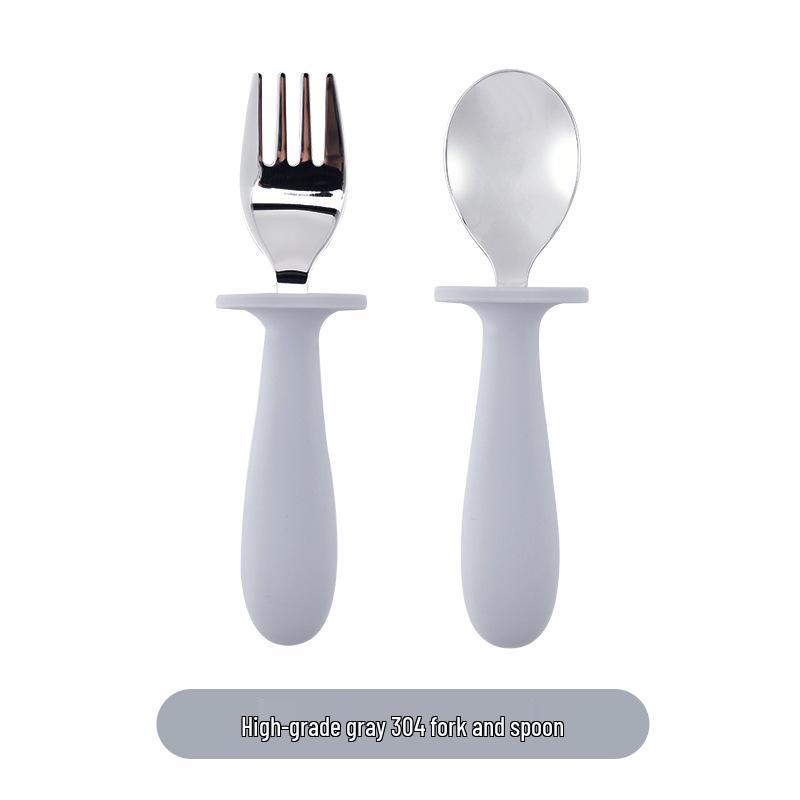 304 Stainless Steel Baby Feeding Set: Long-Handled Silicone Fork & Spoon