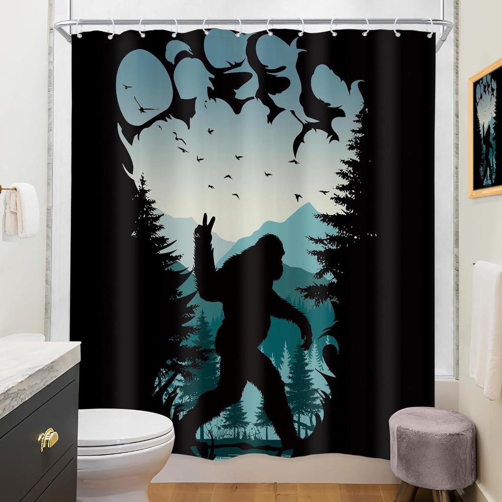 Bigfoot Shower Curtain Silhouette Mountain Forest Night Scene Rock Sign Nature Art Gothic Design Bath Decor Waterproof Fabric