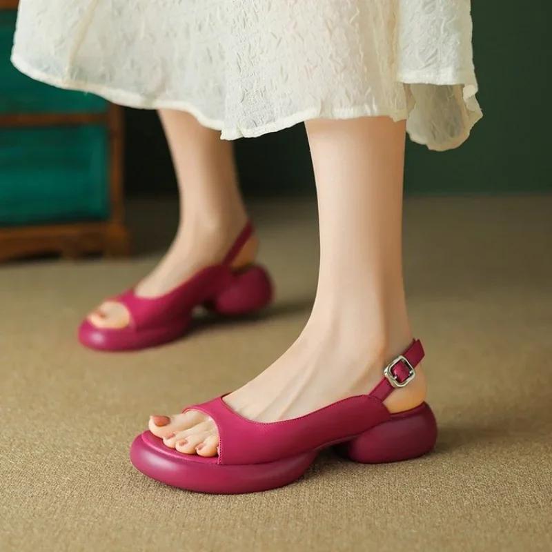 Summer 2024 New High-heeled Sandals Step On the Stool Feeling Women Open-toed Shoes Luxury Buckle Casual Thick-heeled Sandals
