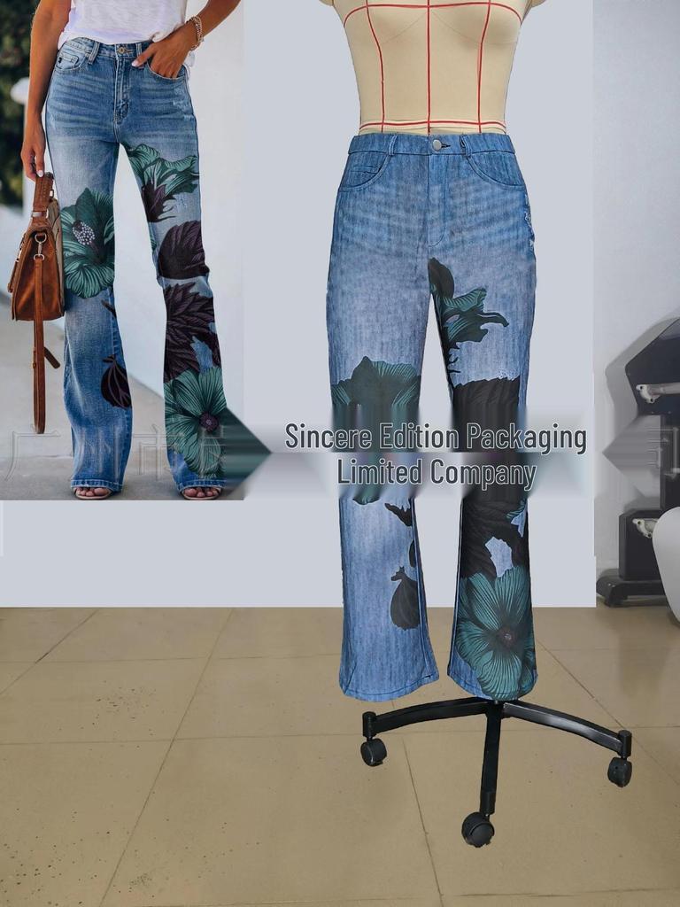 2023 Plus Size European & American Butterfly Faux Denim Micro-flare Pants