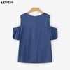 VONDA Summer Women Casual O-neck Cold Shoulder Lace Beading Short Sleeve Blouse