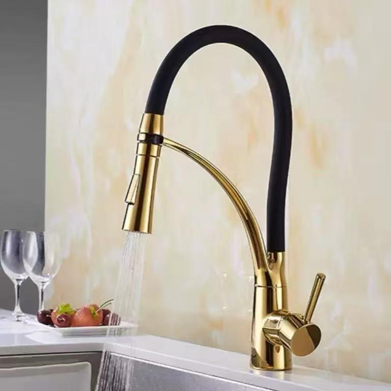 Drehbarer Ganzkupfer-Auszieh-Küchenhahn für Warm- und Kaltwasser