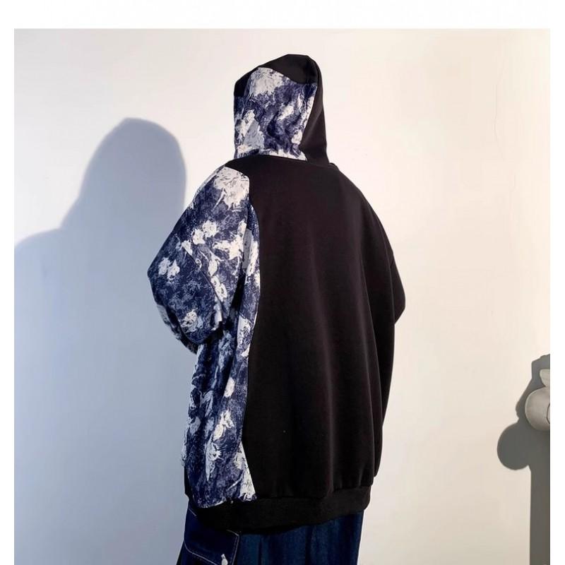 Mens Bear Print Hoodie Casual Loose Fit Contrast Color Stitching Sweatshirt Plus Size Couple Top