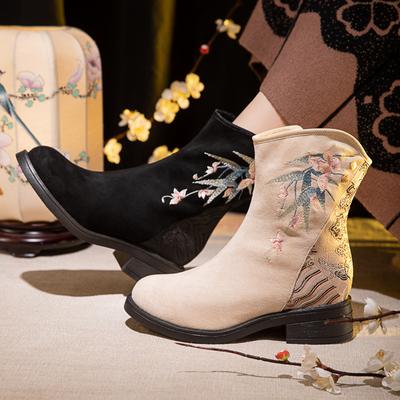 Botas de Nieve Cálidas de Invierno para Mujer Botines Bordados de Tacón Bajo Zapatos para Mujer Botas de Caminar con Forro de Piel Sintética y Tacón de Bloque Chunky con Cremallera Lateral