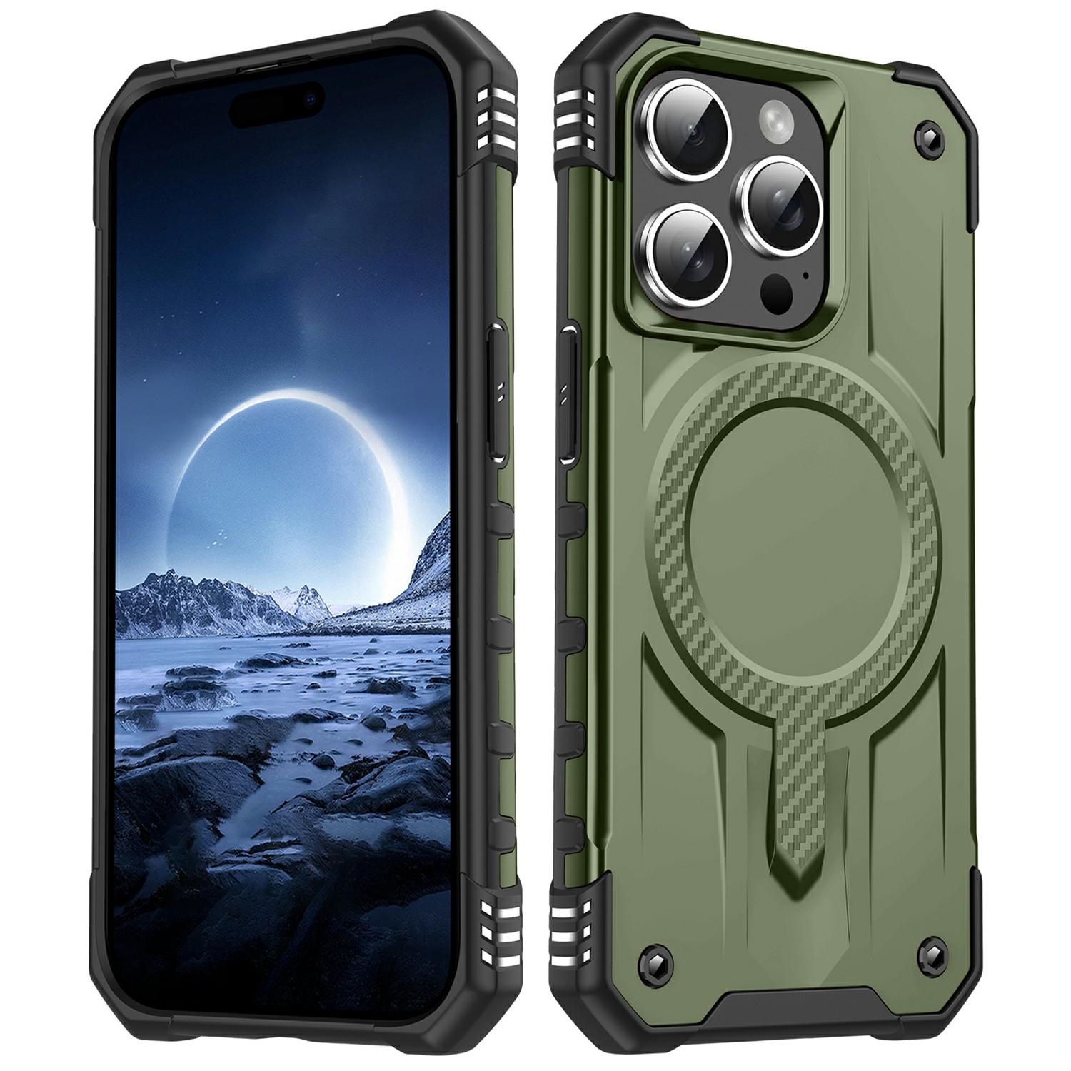 

For iPhone 15 Pro Case Compatible with MagSafe Four Corner Airbags PC+TPU Phone Cover Army Green