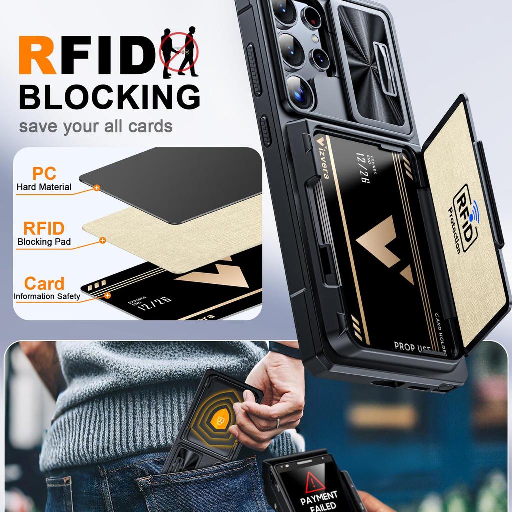 RFID Blocking Wallet Phone Case Slide Camera Cover Military Shockproof PC TPU Protective Cover for Samsung Galaxy S25 Ultra-Black