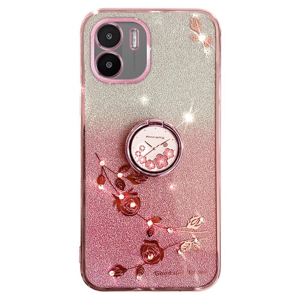 

KADEM Kickstand Shell for Xiaomi Redmi A1 4G/A2 4G Glitter Gradient Rhinestone Flower Phone Cover TPU Electroplating Case Rose Gold