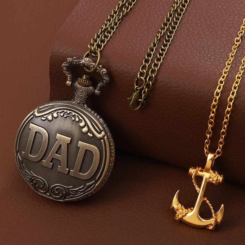 2pcs/set,1pc Retro Fashion Men's Pocket Watch ‘DAD’Necklace Quartz Pocket Watch&1PC Classic Male  Anchor Design Necklace,ideal Choice for Gifts To Men