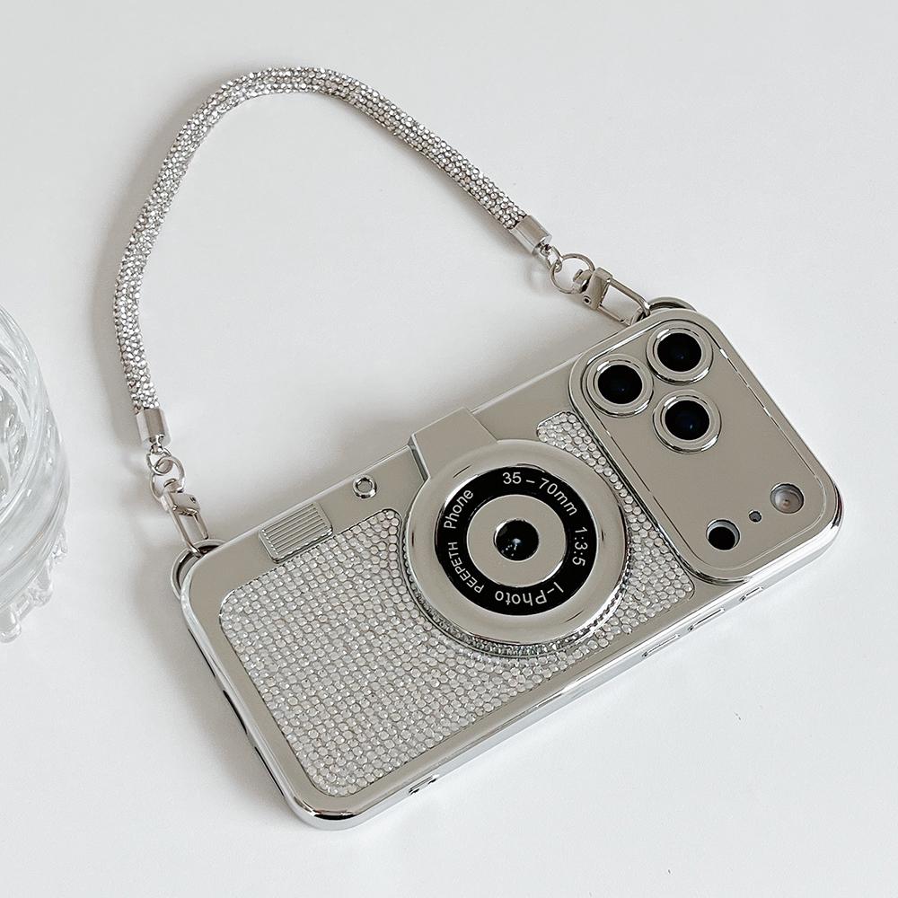 Diamond Camera Pattern Short Hand Rope Phone Case For iPhone 17 16 15 14 13 12 11 Pro Max Soft Shockproof Silicone Cover Girls