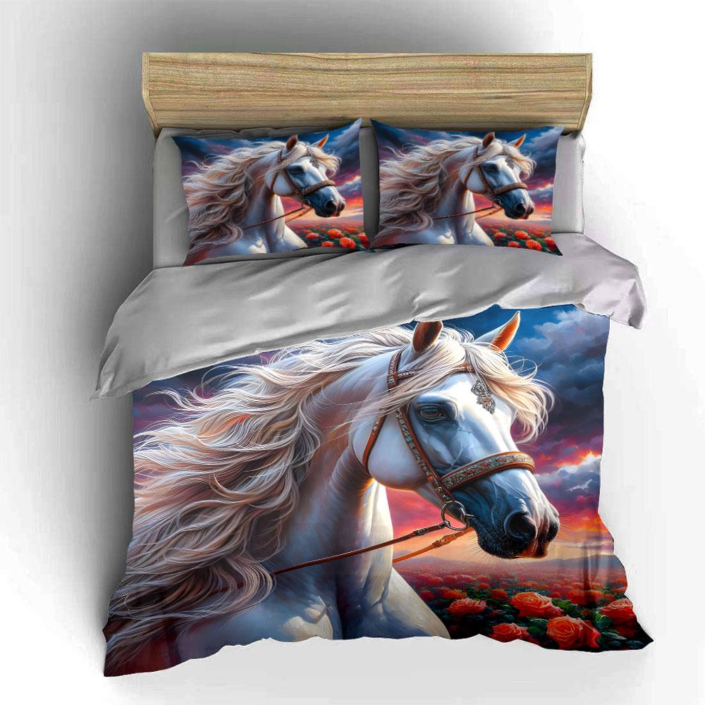 3Pcs White Horse With Rose Field Duvet Cover Set With 3D Printing Design Soft Polyester Bedding Set All-Season Comfort