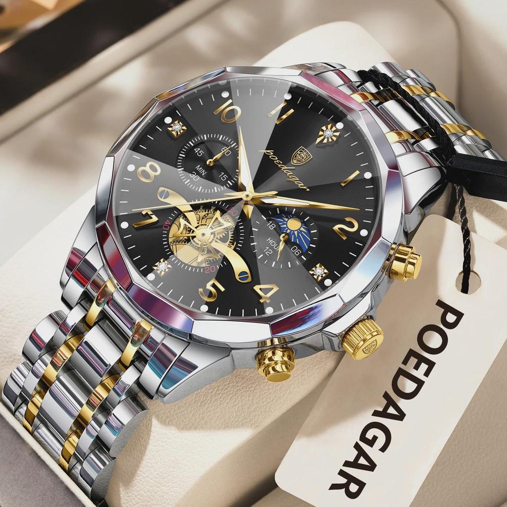 POEDAGAR Exquisite Business Men Watch Waterproof Luminous Chronograph Luxury Man Watches Stainless Steel Men's Quartz Wristwatch
