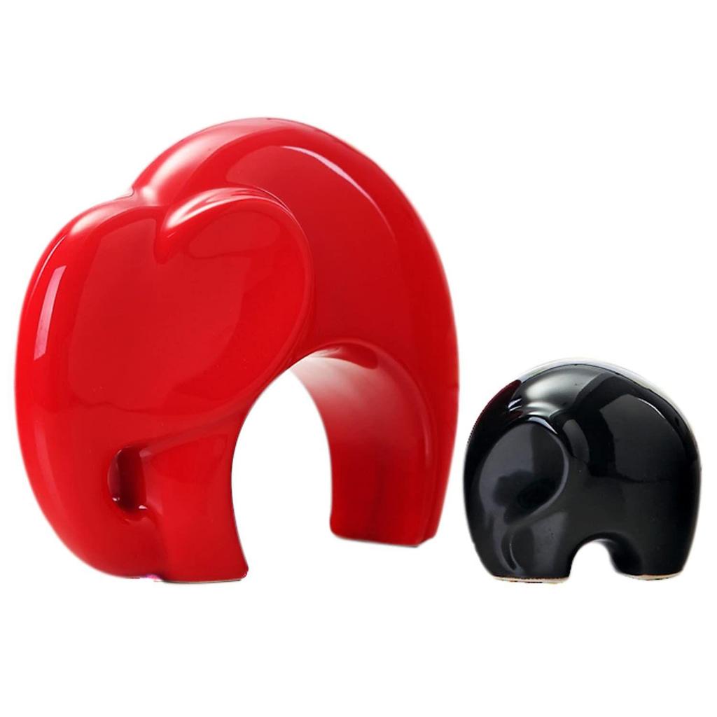 Home Décor Lucky Charm Elephant Mother & Child | Piano Finish Ceramic Figures - (Set of 2 Piece, Red and Black)