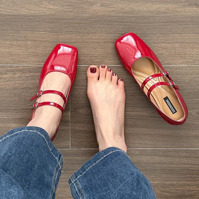 Fashion 2024 Multiple Colors Patent Leather Thick Heel High Heels Buckle Square Toe Buckle Sandals Red High Heels
