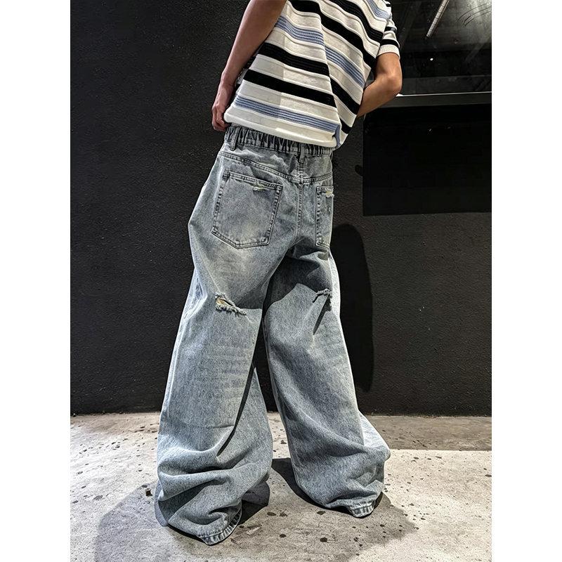 American ripped jeans men's spring and autumn new straight loose wide-leg casual pants washed trousers men